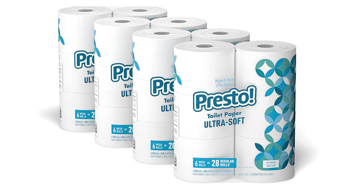 Amazon Brand Presto! 308-Sheet Mega Roll Toilet Paper, Ultra-Soft, 24 Count – Just $15.86!