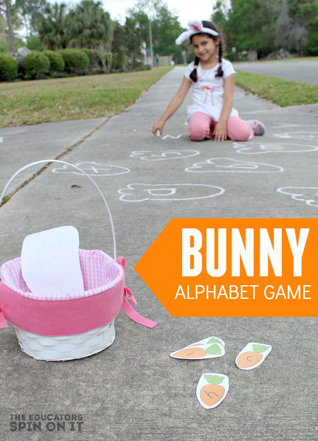 Create your own bunny alphabet game for springtime with just sidewalk chalk and this bunny themed printable! You can head outside to play this game and enjoy the springtime weather too with your preschooler