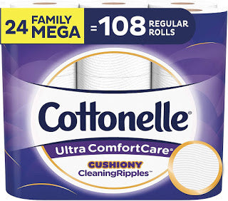 Amazon has these Cottonelle Ultra ComfortCare Toilet Paper with Cushiony CleaningRipples (24 Family Mega Rolls =108 Regular Rolls) for Only $16.36-$18.88 Shipped (Was $29.99)!!!