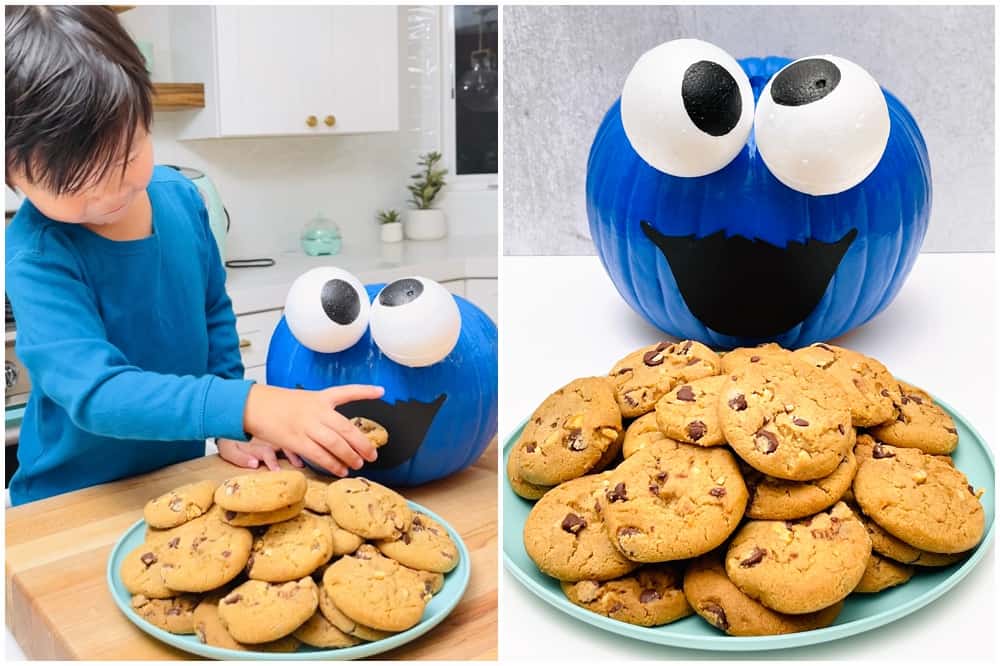 THIS DIY COOKIE MONSTER PUMPKIN IS THE CUTEST NO CARVE PUMPKIN