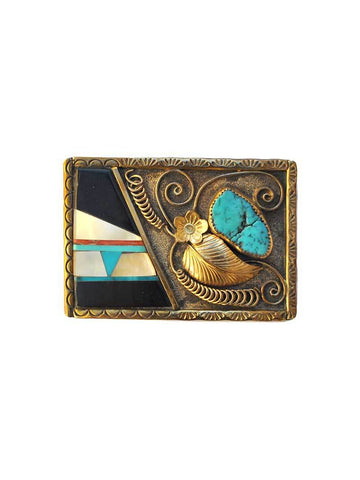 E King Sterling Silver Gold Leaf Turquoise Stone Handcrafted Belt Buckle