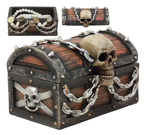 Ebros Evil Chained Skull On Pirate Treasure Chest Jewelry Box Figurine Halloween Gothic Decorative Keepsake Accessory Sculpture With Hidden Compartment 6"Wide