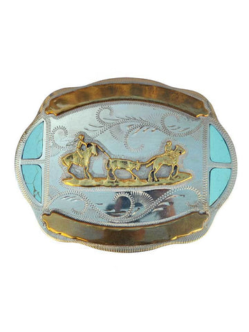 Johnson & Held Gold Team Roping Turquoise Silver Handcrafted Belt Buckle