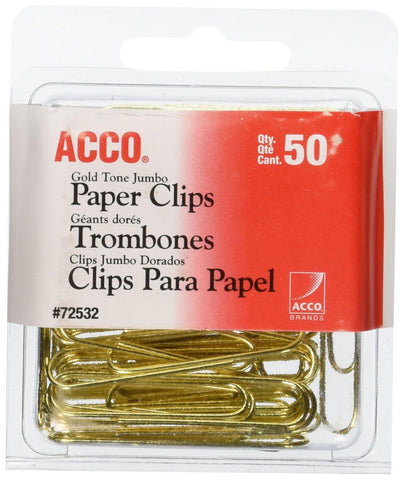 ACCO Paper Clips, Jumbo, Smooth, Gold, 50 Clips/Box (72532)