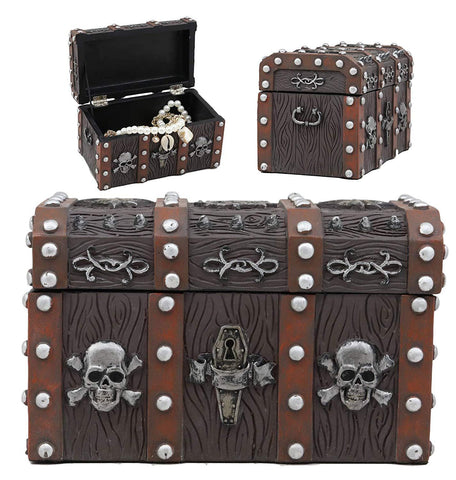 Ebros Gift Haunted Caribbean Pirate Skull with Crossbones Small Treasure Chest Box Jewelry Box Figurine 6 Inches Long Nautical Coastal Ocean Spooky Halloween Macabre Themed Decor