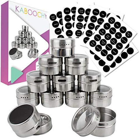 12 Magnetic Spice Tins, 120 Spice Labels Plus Chalk Pen. Round Storage Containers With Transparent Clear Sift &Amp; Pour Shaker Lid, Made With Stainless Steel And Strong Magnet By Kaboochy