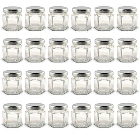 1.5 Oz Hexagon Mini Glass Jars With Silver Lids And Labels