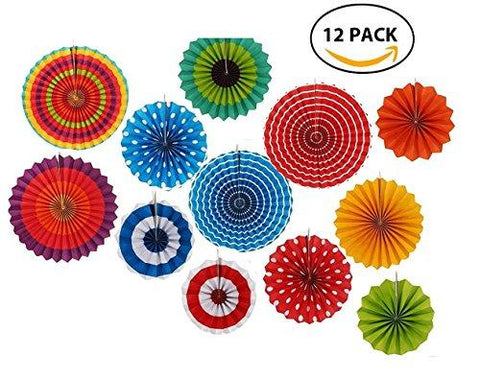 12 Paper Fan Set Mexican Fiesta/Patriotic/Wedding/Birthday/Baby Shower Party Supplies Decoration Rosettes Various Sizes