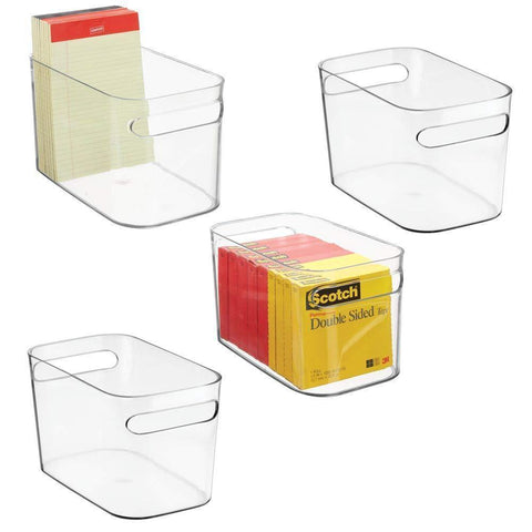 mDesign Plastic Home Office Bin Holder Storage Office Organization Container with Handles for Cabinets, Drawers, Desks, Workspace - for Pens, Pencils, Highlighters, Notebooks, 4 Pack - Clear