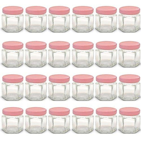 1.5 Oz Hexagon Mini Glass Jars With Pink Lids And Labels