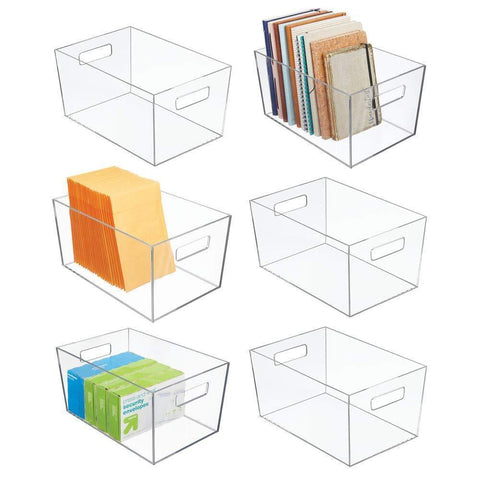mDesign Plastic Storage Bin with Handles for Office, Desk, Book Shelf, Filing Cabinet - Organizer for Sticky Notes, Pens, Notepads, Pencils, Supplies - 12" Long; 6 Pack - Clear