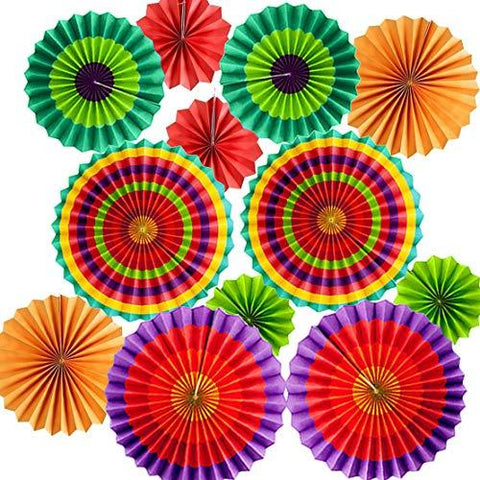 Set of 12 Vibrant Colorful Hanging Paper Fans Rosettes Party Decorations Fiesta Party Supplies Photo Props for Wedding Birthday Baby Shower Event (Style 1)