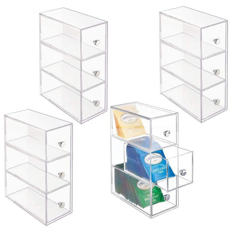 mDesign Plastic Kitchen Pantry, Cabinet, Countertop Organizer Storage Station with 3 Drawers for Coffee, Tea, Sugar Packets, Sweeteners, Creamers, Drink Pods, Packets - 4 Pack - Clear