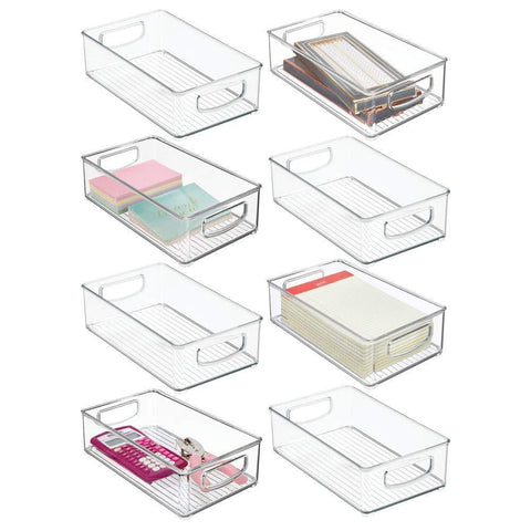 mDesign Stackable Plastic Home Office Storage Organizer Container with Handles for Cabinets, Drawers, Desks, Workspace - BPA Free - for Pens, Pencils, Highlighters, Notebooks - 6" Wide, 8 Pack - Clear