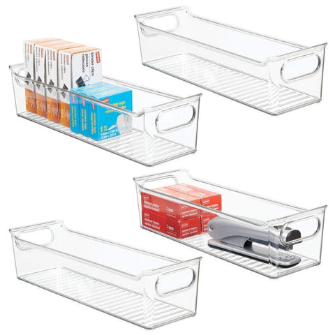 mDesign Slim Plastic Home, Office Storage Bin Container - Desk and Drawer Organizer Tote with Handles - Holds Gel Pens, Erasers, Tape, Pens, Pencils, Highlighters, Markers - 14" Long, 4 Pack - Clear