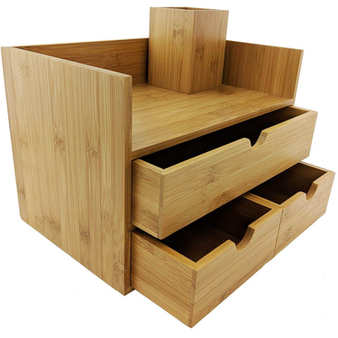 Sherwood & Co. 3-Tier Bamboo Desk Organizer with Drawers - Perfect for Desk Office Supplies, Vanity, Kitchen and Home or Office Tabletop with Bonus Pen Pencil Holder
