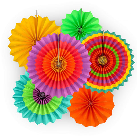 Adorox Set of 12 Vibrant Bright Colors Hanging Paper Fans Cinco De Mayo Mexican fiesta Southwestern Rosettes Party Decoration for Holidays 8" 12" 16" Various Sizes Fiesta (2 pack)
