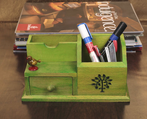 Wooden Multipurpose Table Organiser With Tree Carving & Parrot