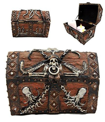 Ebros Gift Caribbean Kraken Octopus Pirate Haunted Chained Skull Treasure Chest Box Jewelry Box Figurine 5" L Nautical Coastal Ocean Decor