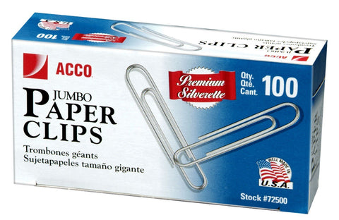 Acco Brands A7072500g Jumbo Silver Paper Clips 100 Count