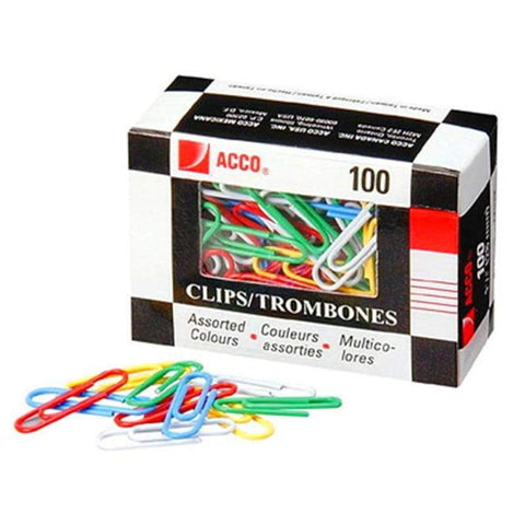 Acco Coloured Paper Clips with Vinyl Coating 100 / Box - Assorted Color