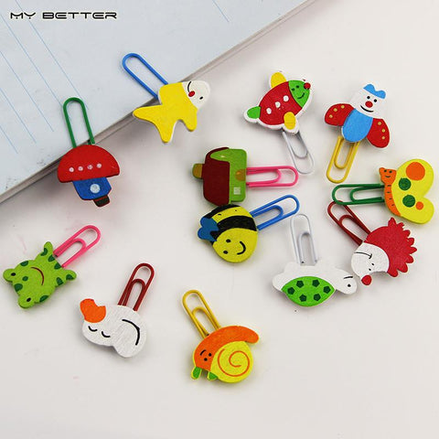12pcs/1 Set Cute Cartoon Animal Pattern Wooden Paper Note Clips Bookmark Paperclip Learning Office Supplies