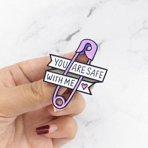 Pin Love Ribbon Brooch Purple Paper Clip Heart You Are Safe With Me Enamel Pin Jeans Backpack Badge Friends Kids Family Gifts