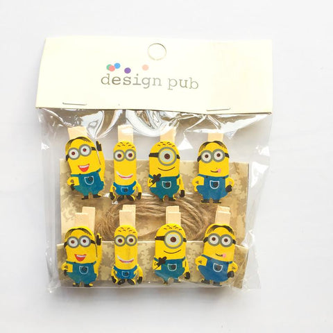 10 pcs /Pack Kawaii Minions Wooden Paper Clip Decorative Bookmark For Album With Rope Message Stickers Stationery